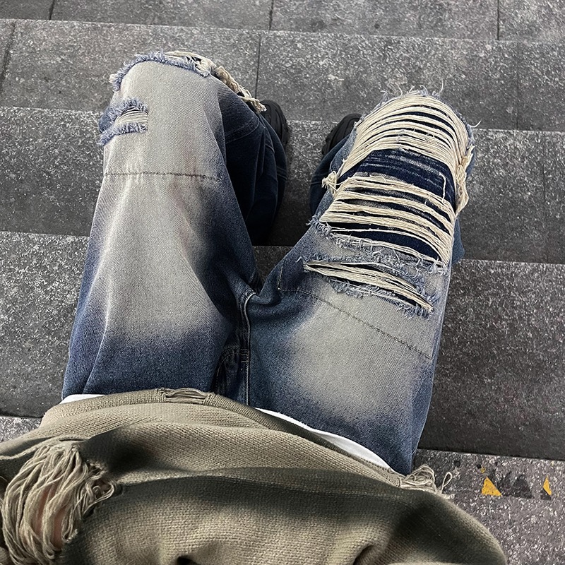 Spring And Autumn Distressed Jeans For Men, Casual Trendy Brand, Cool Washed High Street American Style Versatile Pants_mkmklike.com