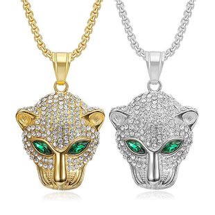 European and American Cross-Border New Hip-Hop Stainless Steel Inlaid with Green and Red Diamond Eyes Leopard Head Pendant Trendy Brand Jewelry Men's and Women's Necklace