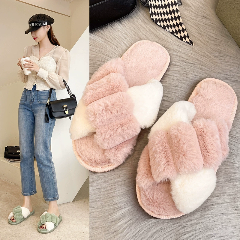 Осенне-зимние пушистые тапочки, модные перекрещивающиеся домашние хлопковые тапочки в клетку, плюшевая женская обувь, Нескользящие хлопковые тапочки на плоской подошве, теплая женская обувь