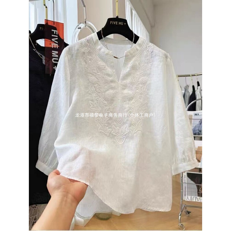 High-End Linen Shirt with Heavy Embroidery, Three-Quarter Sleeves, Women's Summer Thin French-Style Blouse, Super Stylish Top