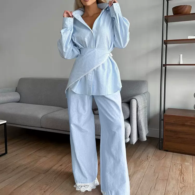 拼接设计感花边条纹套装女新款翻领长袖衬衫屁帘休闲阔腿裤三件套