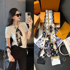 老花黑白链条小丝巾绑包手柄丝带束发带长条飘带领巾L女发束装饰