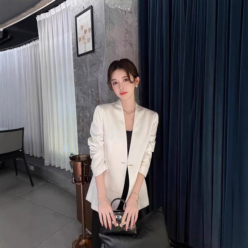 Acetic Acid Satin Suit Jacket Women's High Sense One Button Shoulder Professional White Collar Fashion Elegant Suit Top