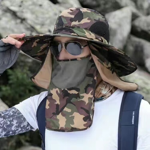 Sun Protection Fishing Hat for Men - Summer Outdoor Wide Brim Ventilated Sun Hat with Mosquito Repellent Scarf - Tea Picking Fisherman Hat