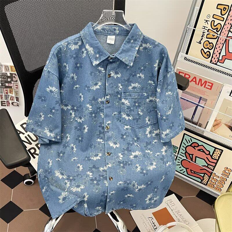 Japanese Retro Floral All-Over Print Washed Vintage Denim Short-Sleeve Shirt for Men, New Summer Loose Casual Shirt Trendy