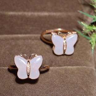 Fubei Diamond Jewelry [18K Rose Gold Inlaid with Hetian Suet White Jade Butterfly Ring] Bare Stone Size 11*13mm
