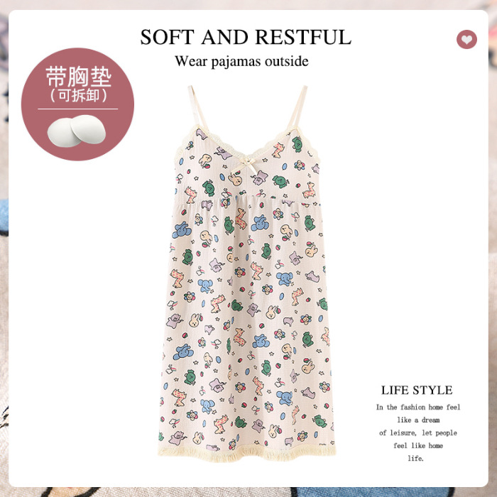 Camisón de verano con el cojín del pecho Correa chica burbuja algodón borla pijamas puro deseo viento sin mangas Delgado lindo homewear
