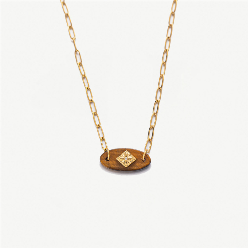 Titanium Steel Chain Material PVD Coated Real Gold Plated Oval Titanium Steel Vacation Classic Style Waterproof Non Tarnish Titanium Steel Pendant Necklace