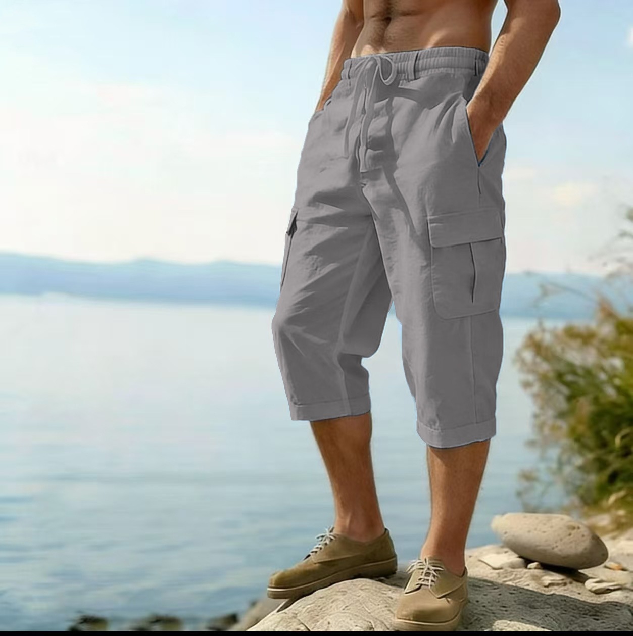 Men's Linen Cargo Pants All Season Thin Multiple Pockets Loose Casual Wide Leg Capri Pants_viptrois.com