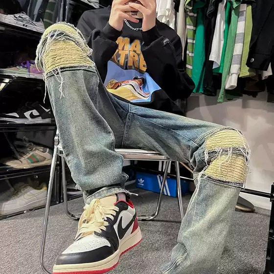 American High Street Washed Yellow Mud Jeans Men Loose Straight Vibe Style Trendy Zipper Distressed Ripped Long Pants