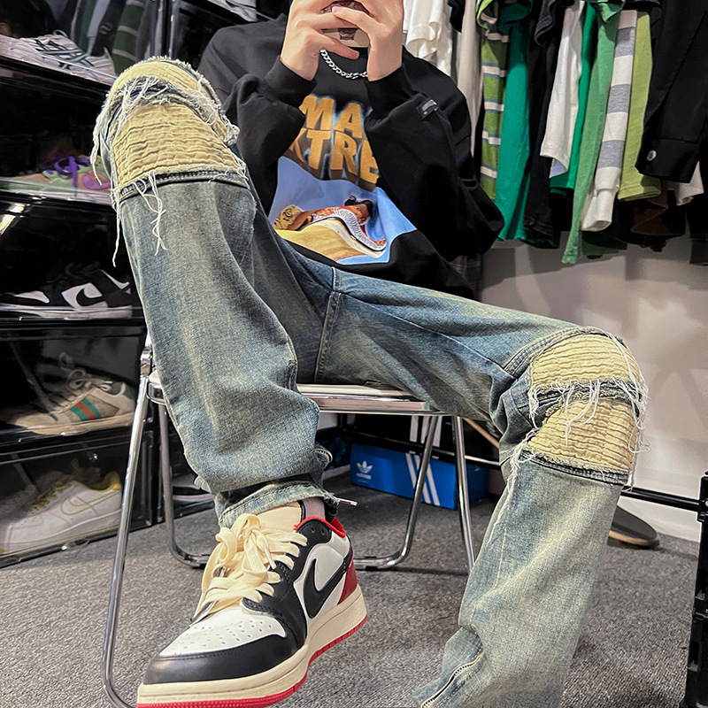 American Style High Street Washed Yellow Mud Jeans Men's Loose Straight vibe Style Trendy Zipper Beggar Ripped Long Pants American Style High Street Washed Yellow Mud Jeans Men's Loose Straight vibe Style Trendy Zipper Beggar Ripped Long Pants