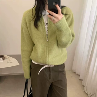 毛茸茸亲肤圆领针织开衫女装秋冬新款双拉链纯色短款毛绒上衣穿搭