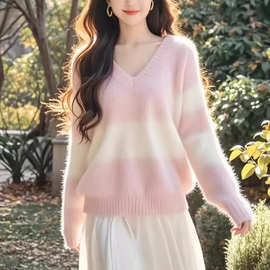 粉色v领针织毛衣慵懒高级感秋冬季2024新款独特超好看仿貂毛上衣