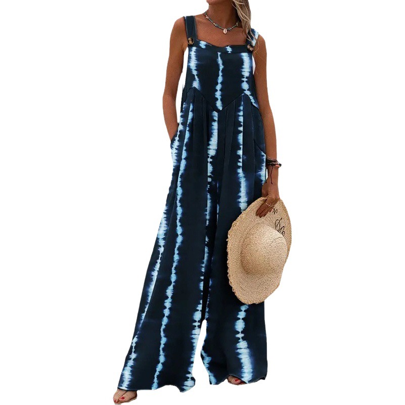 Mono de mujer estilo europeo y americano 2026, estilo vacacional, nuevo estampado de verano de Amazon, pantalón de pierna ancha con tirantes sueltos e informales. image 1