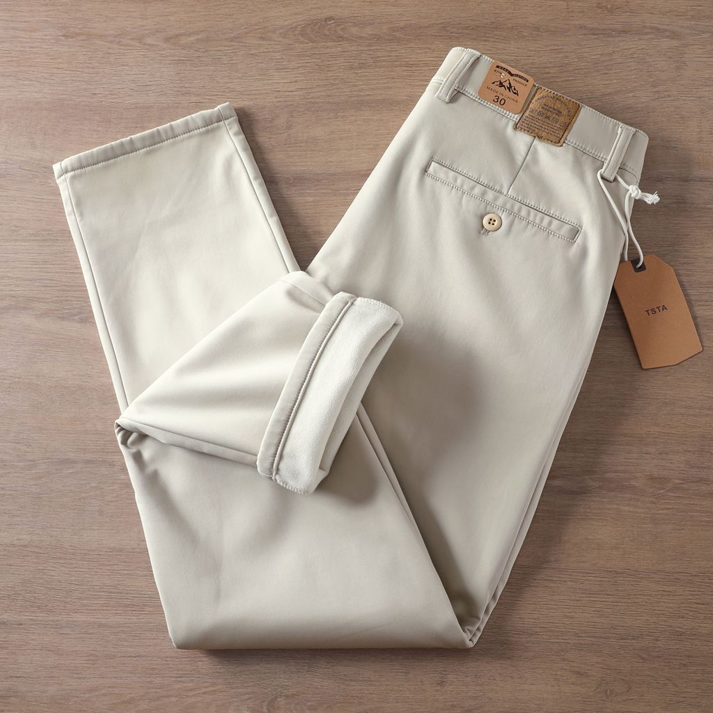 2025 Winter Fleece-Lined Thickened Men's Casual Pants New Popular Style Slightly Stretchy Retro American Khaki Straight-Leg Long Pants