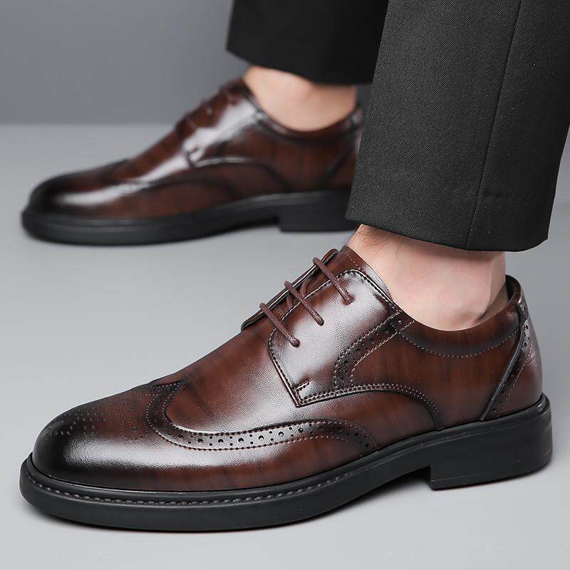 Giày da nam công sở kiểu brogue mũi tròn thắt dây — Màu nâu, Màu đen