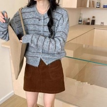 法式小香风条纹提花毛衣女开衫秋冬新款气质宽松针织衫单排扣外套