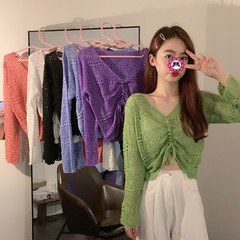 ゆるい氷糸ニットの短いセーター女性長袖ネット穴夏の上着のひも抜きvネックブラウスの薄いタイプ