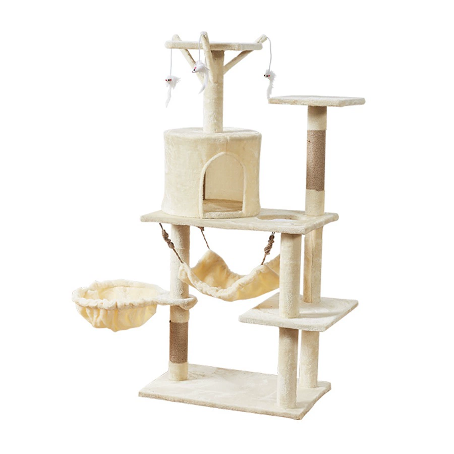 Velvet Cat Climbing Tree, Multi-Level Space-Saving Cat House with Hammock, All-Seasons