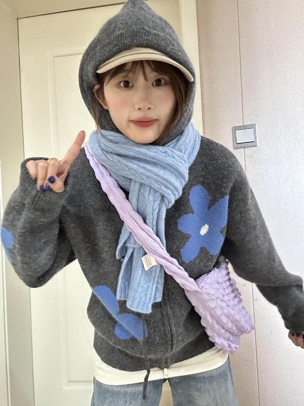 韩系连帽针织开衫毛衣女秋冬外搭宽松慵懒风拉链休闲卫衣外套上衣|undefined