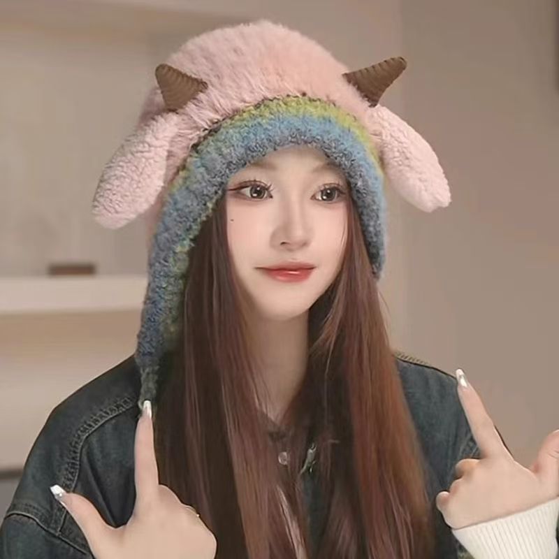 韩版可爱小羊毛绒帽子女秋冬季保暖绑带针织护耳帽百搭套头雷锋帽|undefined