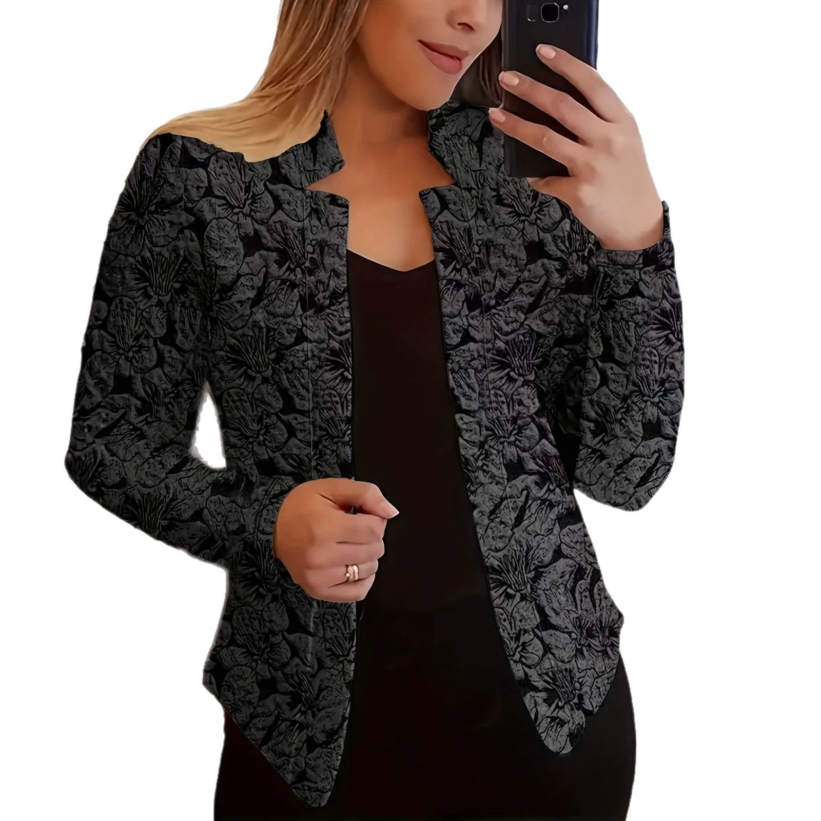 Retro Print Blazer for Women Casual Long Sleeved Open Front Office And Workplace Suitable Blazer_ecoleips.com