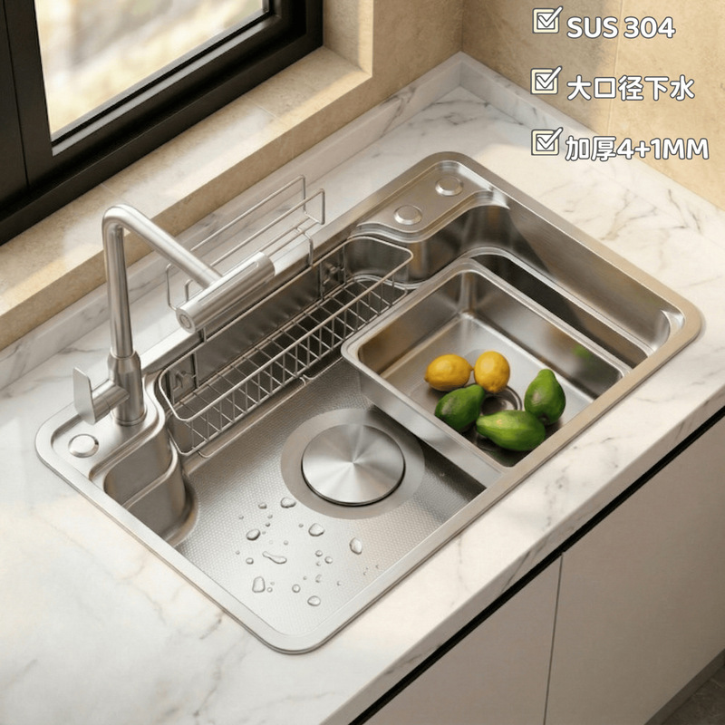 Japanese-Style Large Single Sink 304 Stainless Steel Kitchen Household Sink Thickened with Small Grain Texture Under-Counter Dishwashing and Vegetable Washing Sink Japanese-Style Large Single Sink 304 Stainless Steel Kitchen Household Sink Thickened with Small Grain Texture Under-Counter Dishwashing and Vegetable Washing Sink