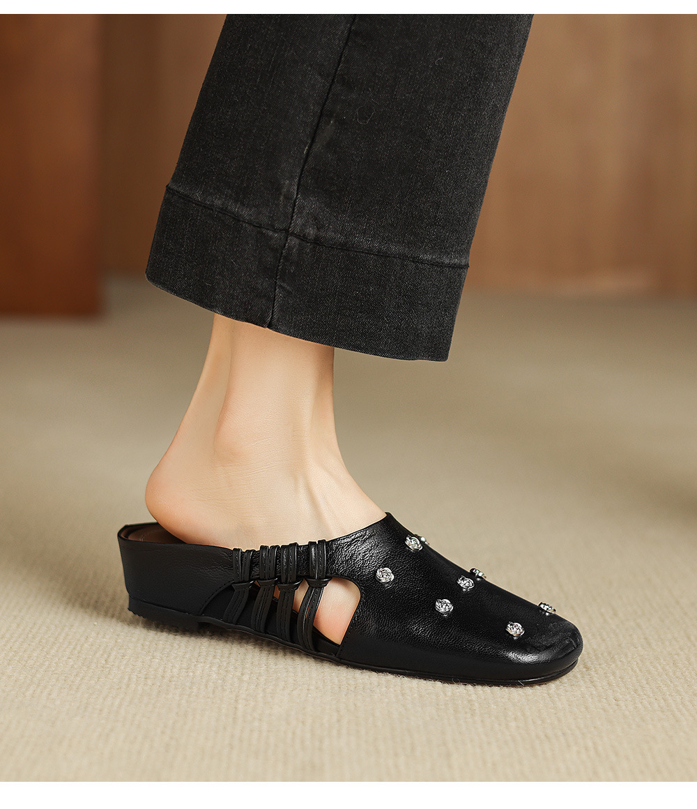 Dép sandal nữ quai chữ V mũi hoa, gót xuồng da dê, đế bệt thoải mái — đen chi tiết 15