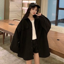 黑色复古工装衬衫秋冬长袖外套女中长款开衫上衣跨境女装外贸批发
