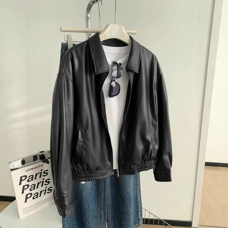 Vintage Black Cool and Stylish Casual Leather Jacket for Women 2026 New Slim-Fit Versatile Turn-Down Collar Leather Jacket for Petite Figures