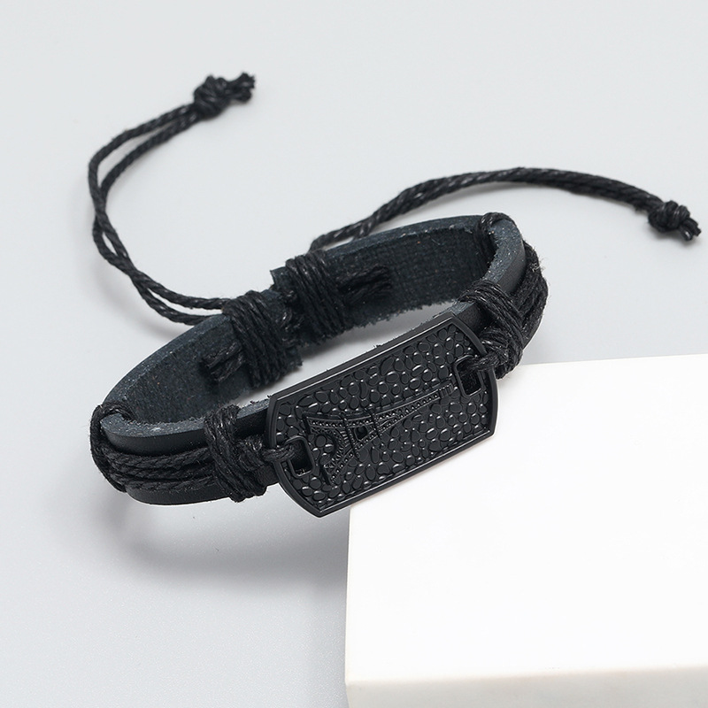 Simple pull adjustment black leather bracelet wholesale