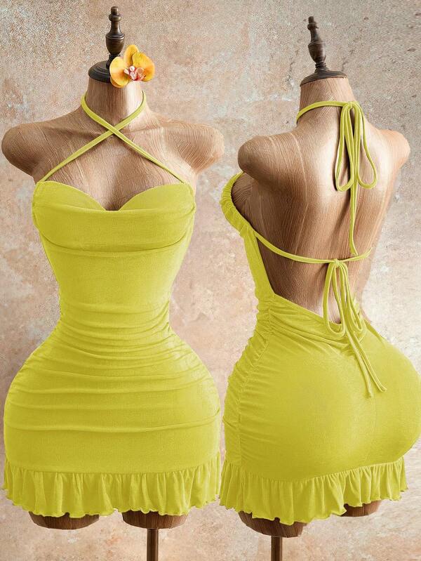 Sensual Bodycon Mini Dress With Ruffle Trim, Backless Halter Neck, And Waist-Gathering Pleats For A Flattering Fit_ecoleips.com