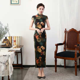 2025气质连衣裙女真丝长旗袍复古修身中国风演出活动礼服新中式