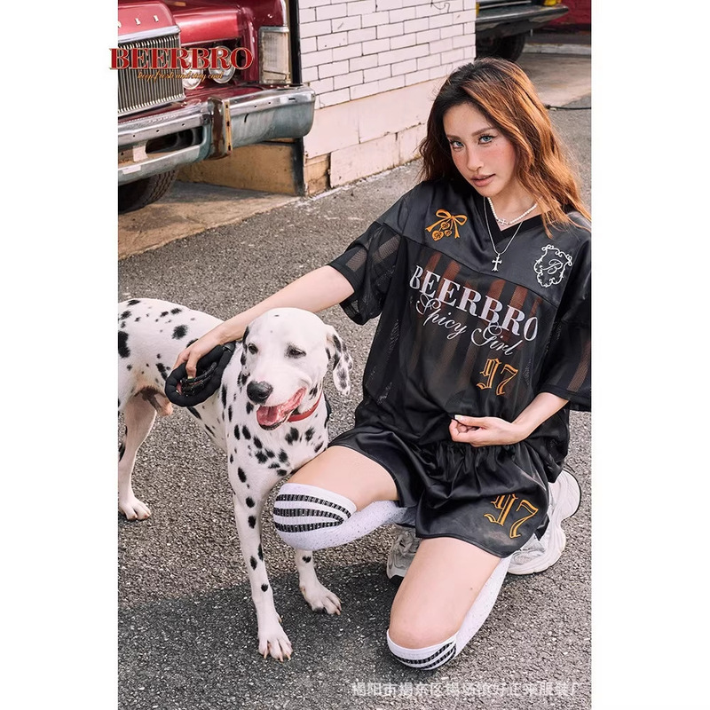 Source Manufacturer American Jersey Style Patchwork Mesh Jersey Women's Summer V-Neck Short-Sleeve T-Shirt Loose Couple Tops Trendy