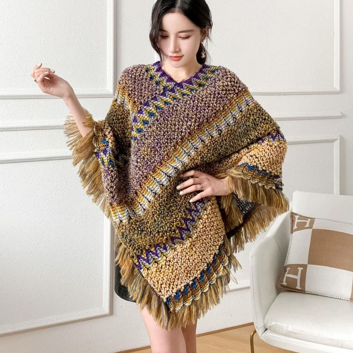 Ethnic trench coat, knitted cloak, summer set, scarf with tassels, long jacket for leisure