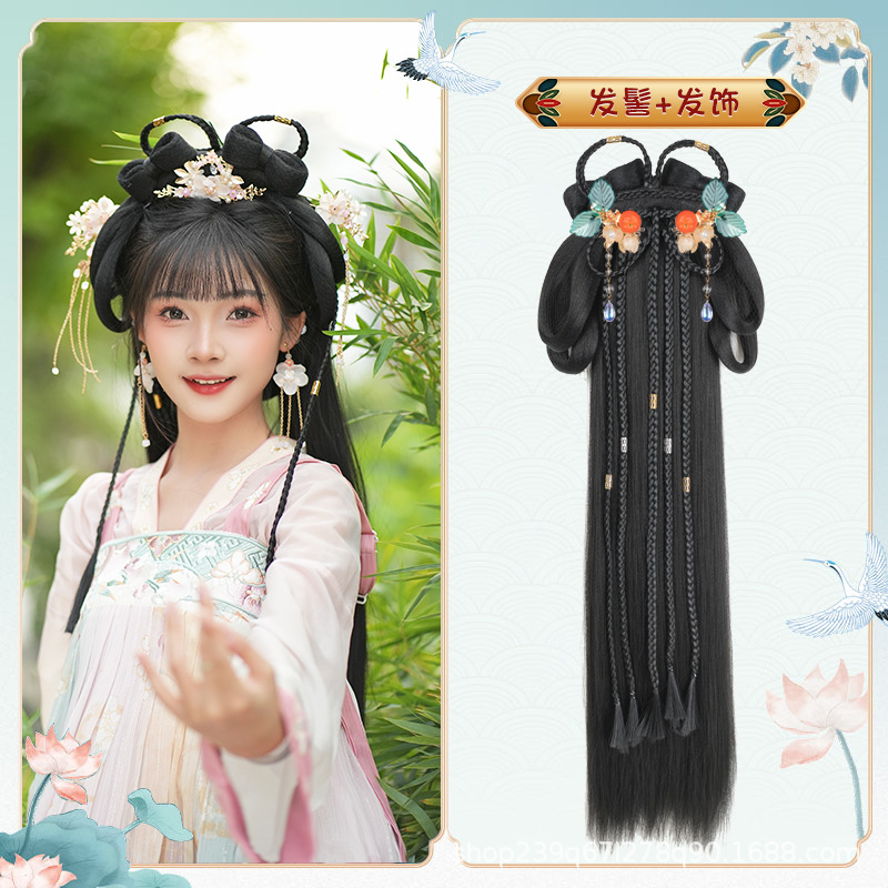 땋은 머리 + 오렌지색 헤어 액세서리 한 쌍