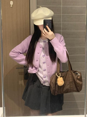 香芋紫复古假两件毛衣开衫女秋冬减龄蝴蝶结刺绣针织衫上衣