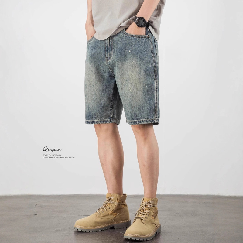 2025 Summer New Retro Denim Shorts Men's Trendy Brand Loose Large Size American Casual Splash Ink 5-Point Pants Mid-Pants 2025 Summer New Retro Denim Shorts Men's Trendy Brand Loose Large Size American Casual Splash Ink 5-Point Pants Mid-Pants