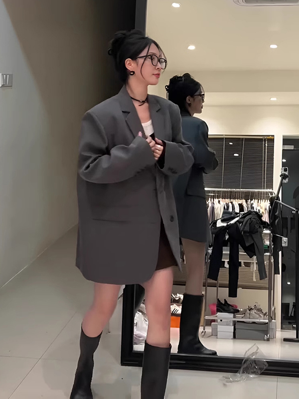 灰色小西装外套女2025春秋季高级感oversize宽松垫肩廓版休闲西服|undefined