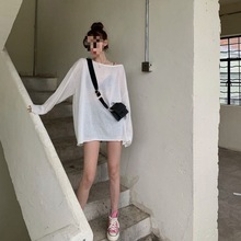 防晒衣女学生韩版宽松夏季网红冰丝镂空中长款白色长袖恤上衣