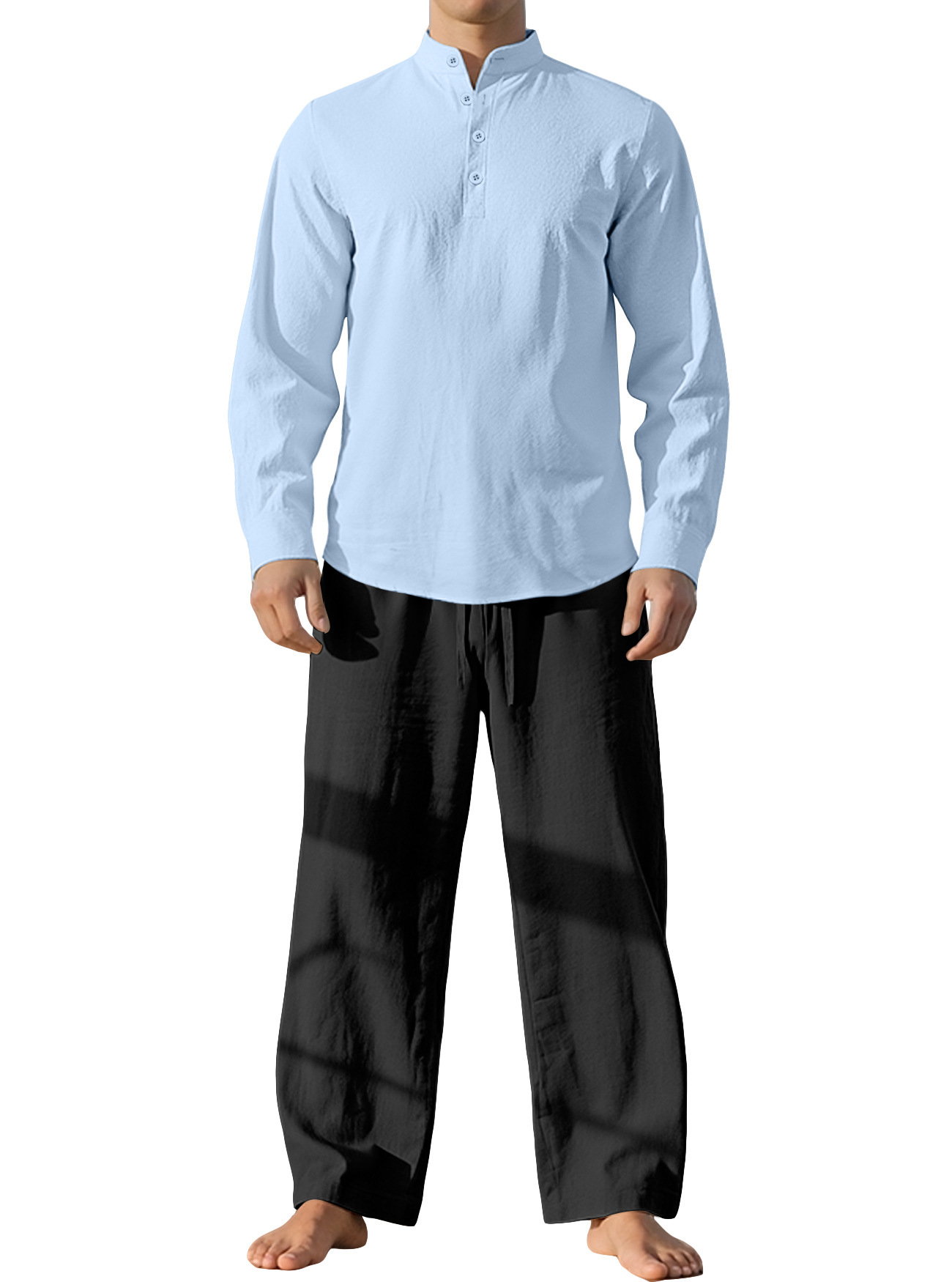 Nuevo transfronterizo Europa y América primavera y otoño delgada camisa de mangas largas deportiva de cuello vertical camisa de color sólido de algodón y lino para hombres