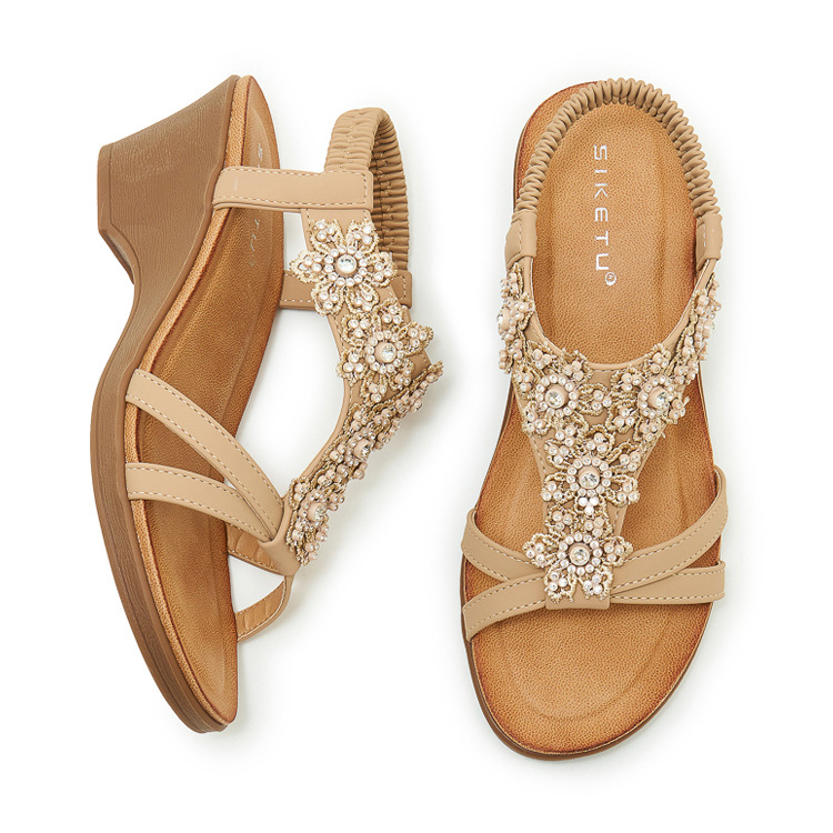 Sandal đế xuồng đính đá hoa nữ gót cao 9 cm — màu đen, trắng, quả mơ chi tiết 30
