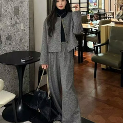 穿搭一整套感时尚套装女秋冬小香风毛呢外套休闲阔腿裤两件套
