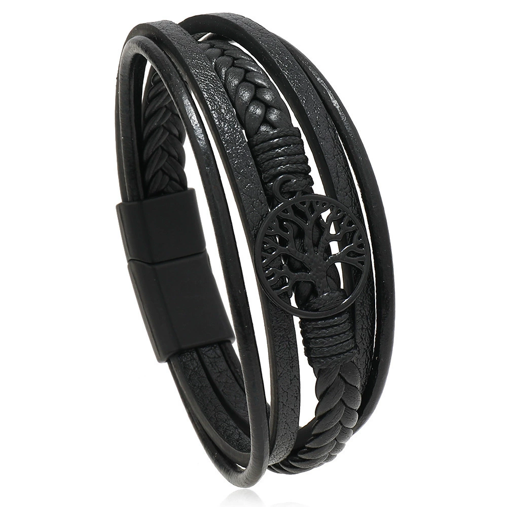 Men's PU Leather Bracelet RH360, Multi-Layer Beaded & Alloy Accents, 21.5 cm