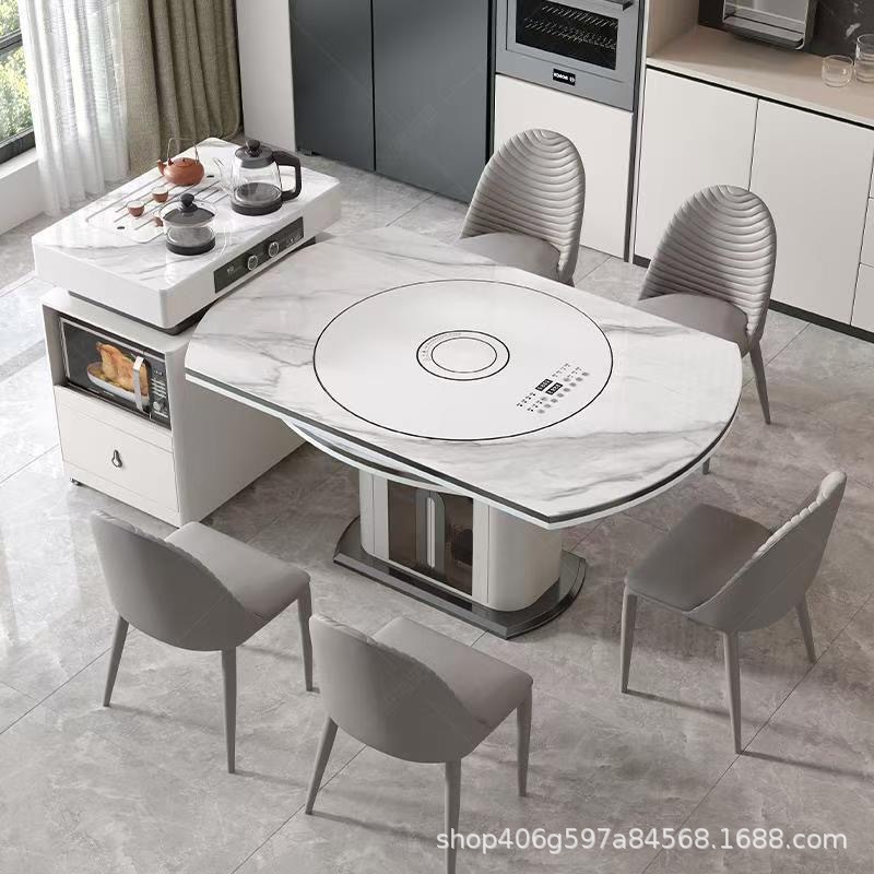 Smart home modern minimalist new model rock slab warming tray with integrated induction cooker and turntable, high-end light luxury extendable round table