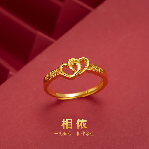 Yunnan Sand Gold Plated Double Heart Women's Ring, Popular Style Ring on Pinduoduo, Japanese and Korean Fashion Open Heart Women's Ring
