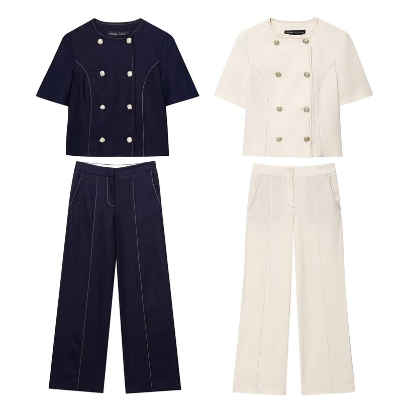 2025 Summer New Style Linen Blend Short-Sleeved Suit Jacket with Stitching Details 34297 High-Waisted Straight-Leg Pants 2899709 2025 Summer New Style Linen Blend Short-Sleeved Suit Jacket with Stitching Details 34297 High-Waisted Straight-Leg Pants 2899709