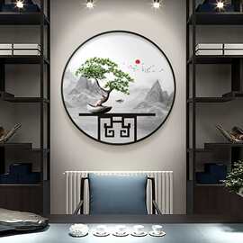 风景山水水墨画圆形装饰画新中式禅意书房挂画客厅茶室背景墙壁画