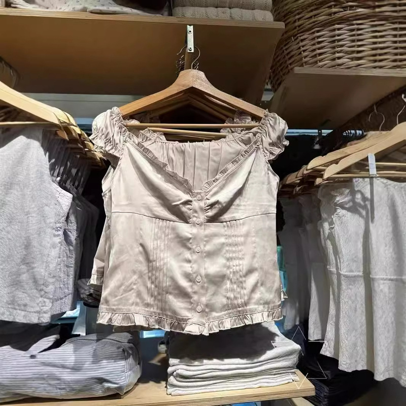 BM Style Champagne Powder Ear Lace V-neck Shirt Short-sleeved Top Women's Bm Flat for Single-breasted Pleated T-shirt Cardigan