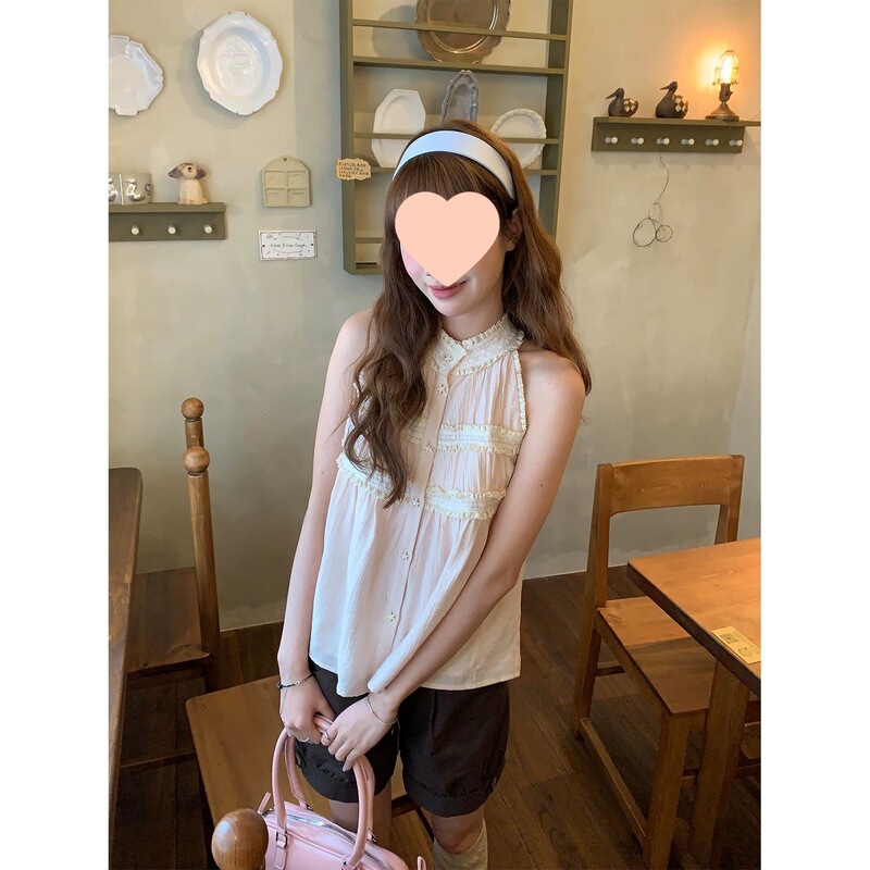 Galaxy Soda Pink Lace Trim Youthful Stand-Collar Halter Neck Sleeveless Top for Petite Women